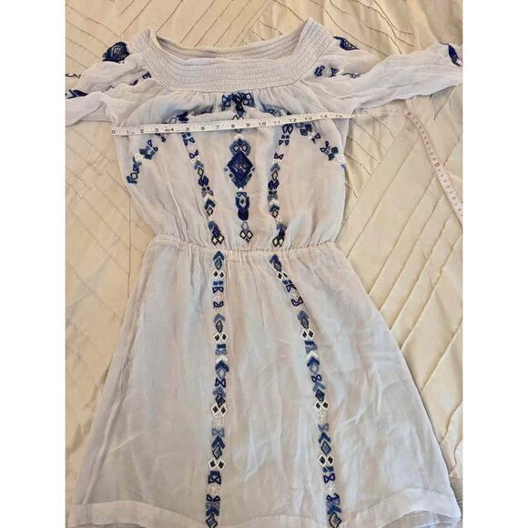 Parker Casual Off-Shoulder Mini Dress w/ White & Blue Geometric Beading - Picture 5 of 6